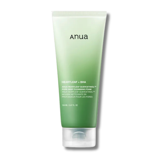 Anua Heartleaf + BHA pore deep cleansing foam in a squeeze tube with a green-to-white gradient, shown on a white background with a soft shadow.