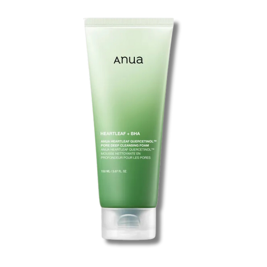 Anua Heartleaf + BHA pore deep cleansing foam in a squeeze tube with a green-to-white gradient, shown on a white background with a soft shadow.